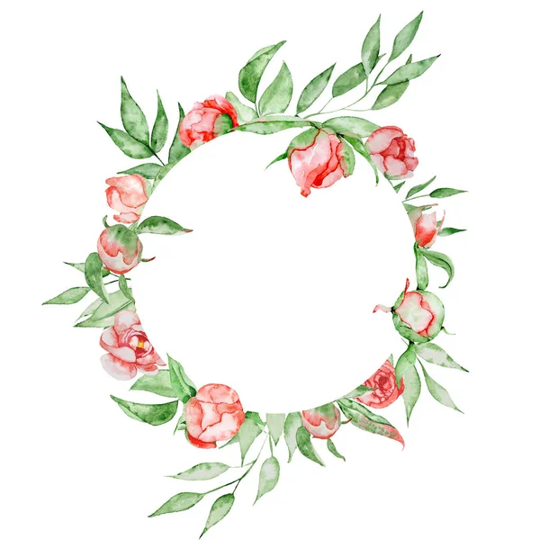 Romantische frame met bloemen kaartsjabloon. Aquarel pioenrozen met groene bladeren op de witte achtergrond. Hand getekende illustratie. — Stockfoto