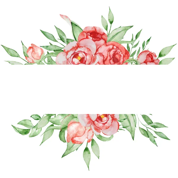 Romantikus virágok mintanyomtatvány keret. Akvarell pünkösdi rózsa-fehér alapon zöld levelekkel. Kézzel rajzolt ábra. — Stock Fotó