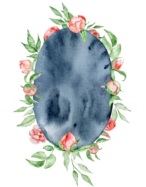 Romantikus virágok mintanyomtatvány keret. Akvarell pünkösdi rózsa-zöld levelek a indigo szürke háttéren. Kézzel rajzolt ábra. — Stock Fotó