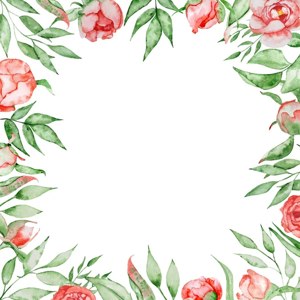 Romantisk ram med blommor adresskortsmallen. Akvarell pioner med gröna blad på vit bakgrund. Handritad illustration. — Stockfoto