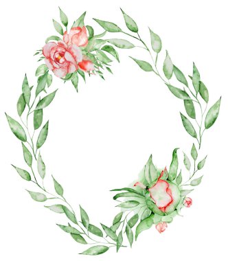 Çiçek ve yaprak suluboya kombinasyonu Peonies çelenk el boyalı