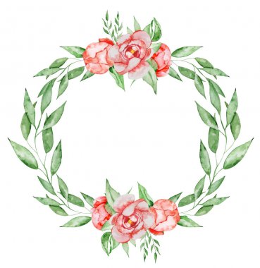 Çiçek ve yaprak suluboya kombinasyonu Peonies çelenk el boyalı