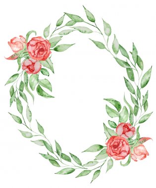 Çiçek ve yaprak suluboya kombinasyonu Peonies çelenk el boyalı