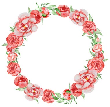 Çiçek ve yaprak suluboya kombinasyonu Peonies çelenk el boyalı