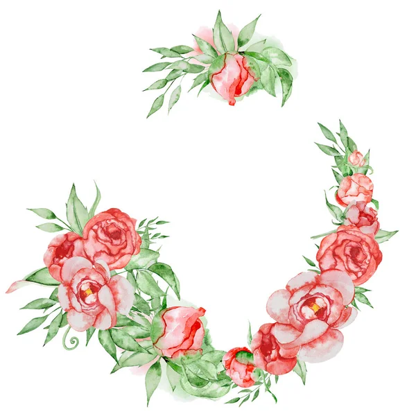 Peonies wreath Hand painted watercolor combination of Flowers and Leaves — Stock Photo, Image