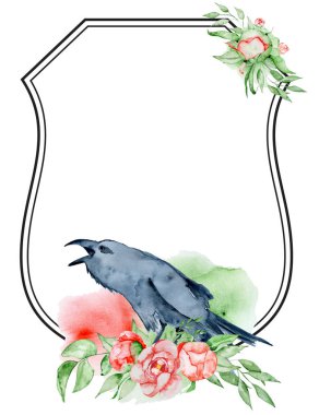 Suluboya kret romantik çerçeve çiçek kartı şablonu ile.