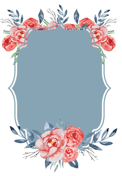 Ακουαρέλα crest ρομαντικό πλαίσιο με λουλούδια πρότυπο κάρτας. — Φωτογραφία Αρχείου
