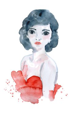 Genç kadın, Kırmızı elbiseli güzel kız suluboya portre