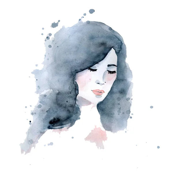 Akvarell portré, fiatal nő, szép lány — Stock Fotó
