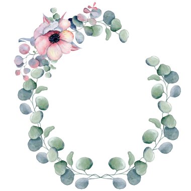 suluboya çelenk çerçeve anemone, peonies çiçek ve otlar