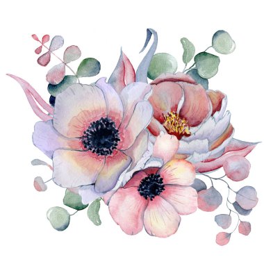 anemon, peonies çiçek ve otlar suluboya buket