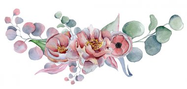 anemon, peonies çiçek ve otlar suluboya buket