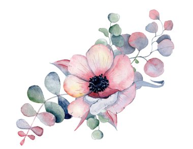 anemon, peonies çiçek ve otlar suluboya buket