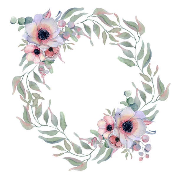 Watercolor wreath frame with anemone, peonies flowers and herbs — Stock Photo, Image