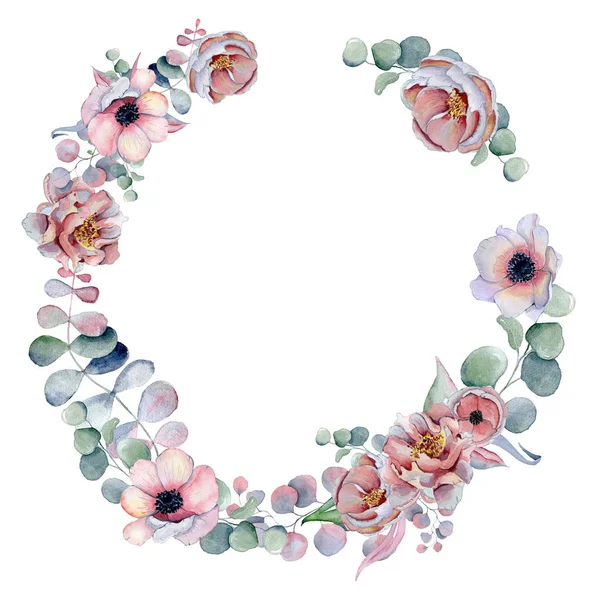 Aquarel krans frame met anemone, pioenrozen bloemen en kruiden — Stockfoto