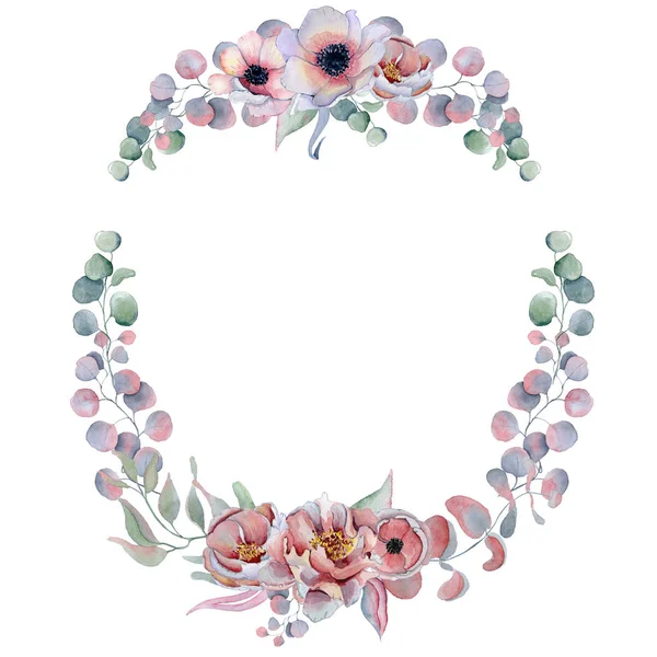 Aquarel krans frame met anemone, pioenrozen bloemen en kruiden — Stockfoto