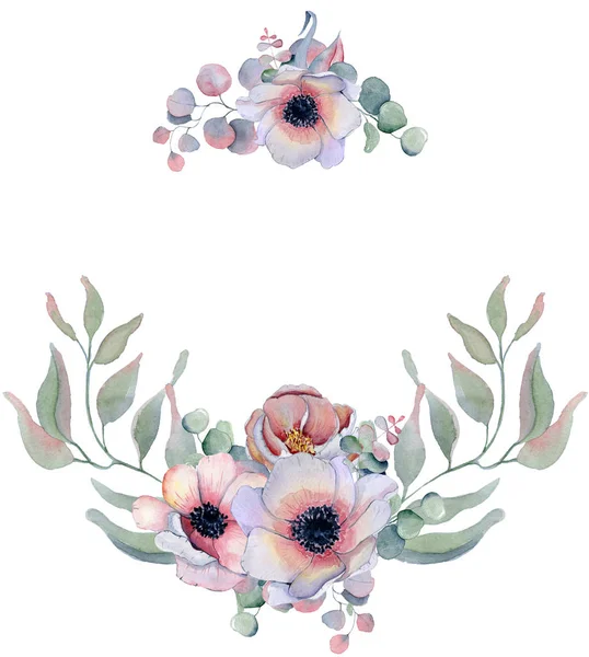 Watercolor wreath frame with anemone, peonies flowers and herbs — Stock Photo, Image
