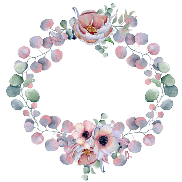 Ακουαρέλα στεφάνι πλαίσιο με ανεμώνη, Παιώνιες λουλούδια και βότανα — Φωτογραφία Αρχείου