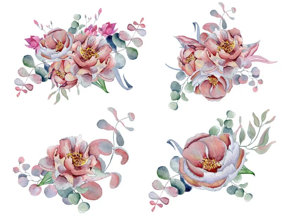 Bouquets de aquarela conjunto com anêmona, flores de peônias e ervas — Fotografia de Stock