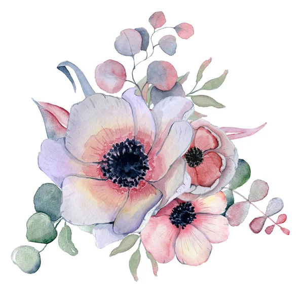 Watercolor bouquet with anemone, peonies flowers and herbs — Stock Photo, Image