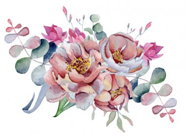 anemon, peonies çiçek ve otlar suluboya buket