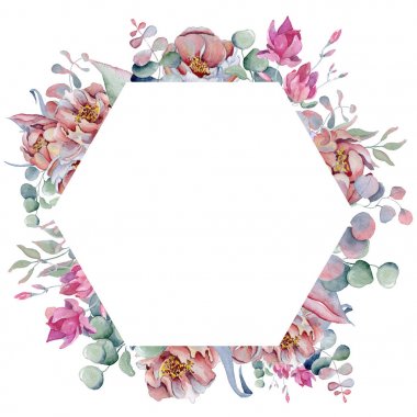 Suluboya çerçeve çiçek el peonies ve anemon çiçekleri ile çizilmiş arrangemen