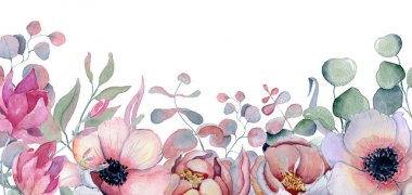 Suluboya çerçeve çiçek el peonies ve anemon çiçekleri ile çizilmiş arrangemen