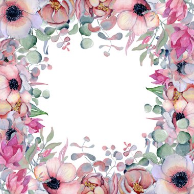 Suluboya çerçeve çiçek el peonies ve anemon çiçekleri ile çizilmiş arrangemen