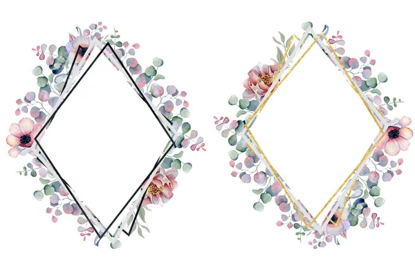 水彩花框手画 arrangemen 与牡丹花和莲花 — 图库照片