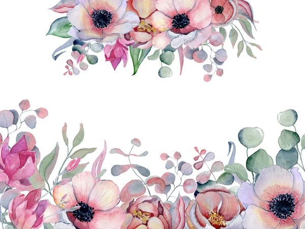 Akvarell virágos keret kézzel rajzolt arrangemen pünkösdi rózsa és anemone virág — Stock Fotó