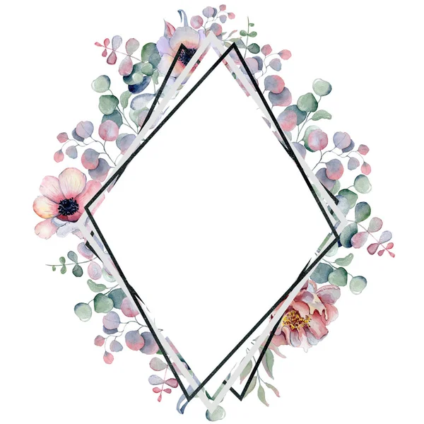 Акварельна квіткова рамка Ручні намальовані аранжувальники з півоніями та квітами анемони — стокове фото