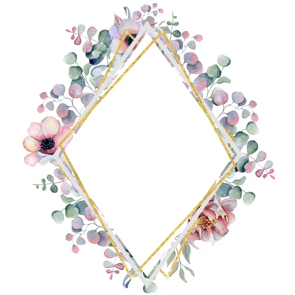 Aquarel bloemen frame Hand getekende arrangemen met pioenrozen en anemone bloemen — Stockfoto