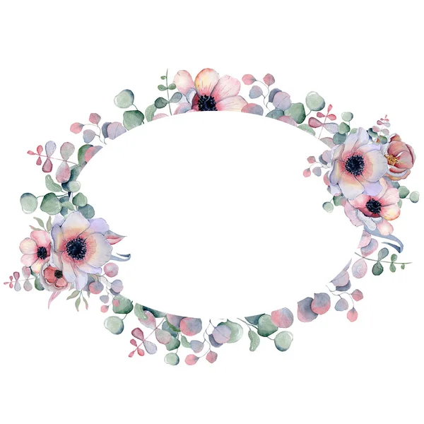 Akvarell blommig ram Hand dras arrangemen med pioner och anemone blommor — Stockfoto