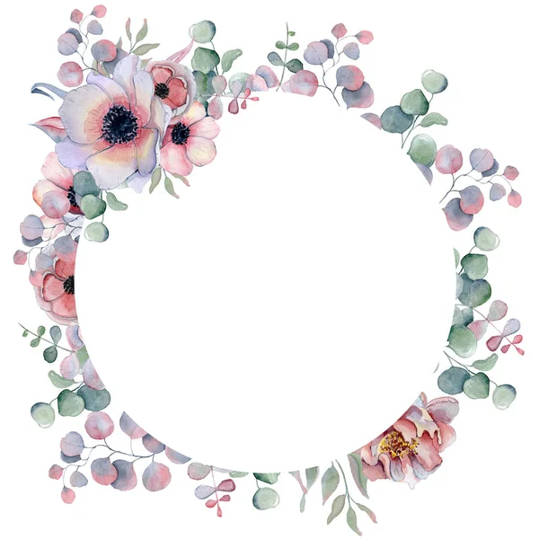 Akvarell blommig ram Hand dras arrangemen med pioner och anemone blommor — Stockfoto