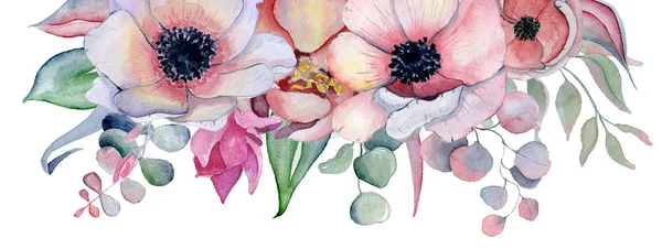 Suluboya çerçeve çiçek el peonies ve anemon çiçekleri ile çizilmiş arrangemen — Stok fotoğraf