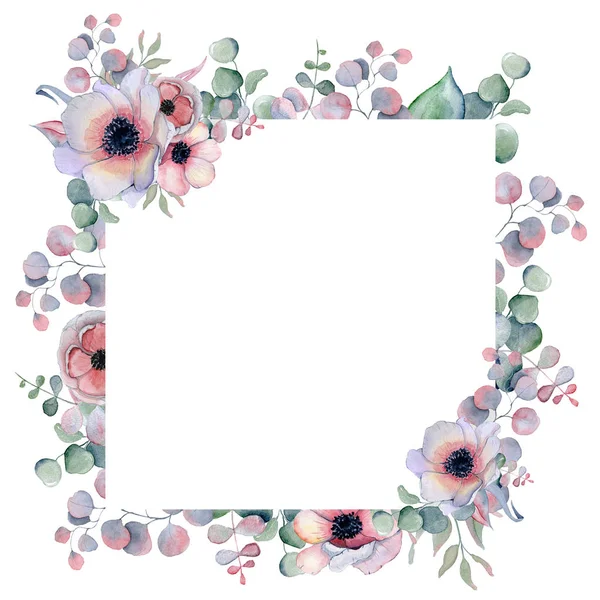 Акварельна квіткова рамка Ручні намальовані аранжувальники з півоніями та квітами анемони — стокове фото