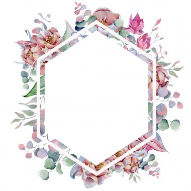 Suluboya çerçeve çiçek el peonies ve anemon çiçekleri ile çizilmiş arrangemen