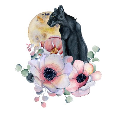 Suluboya kompozisyon siyah Panter ve çiçekler peonies anemone ay şeklinde wiled. 