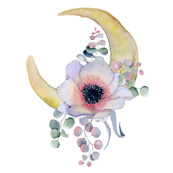 Akvarell összetétele, a Hold és anemone virágok-csokor — Stock Fotó