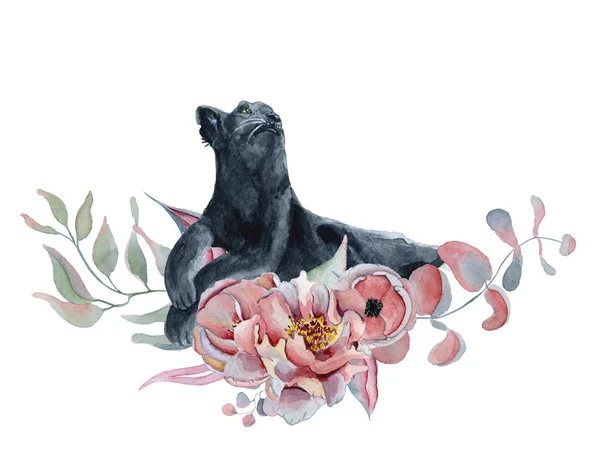 Siyah Panter wiled ve çiçekler peonies, anemon çiçeği ile suluboya kompozisyon — Stok fotoğraf