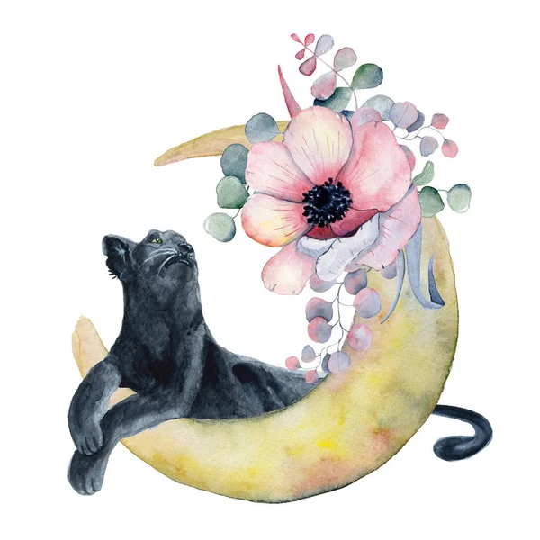 Aquarell-Komposition mit schwarzem Panther und Blumen Pfingstrosen, Anemone in Form des Mondes — Stockfoto