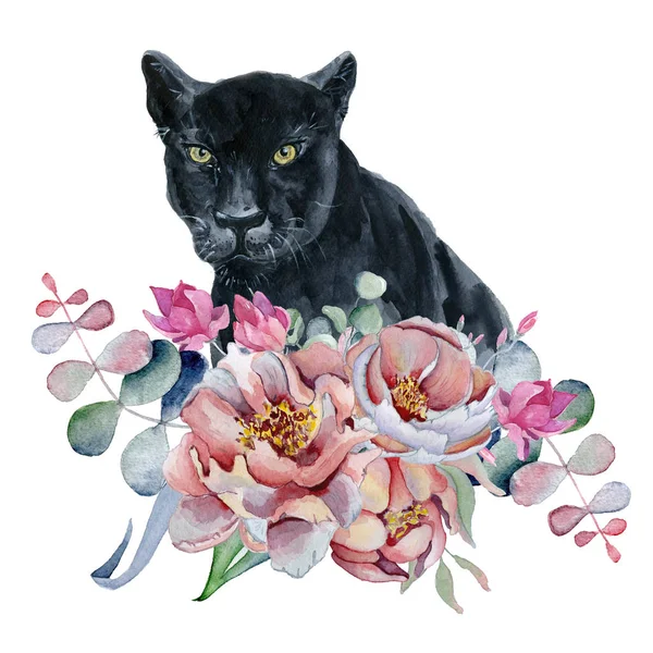 Akvarell sammansättning med svart wiled panther och blommor pioner, anemone — Stockfoto