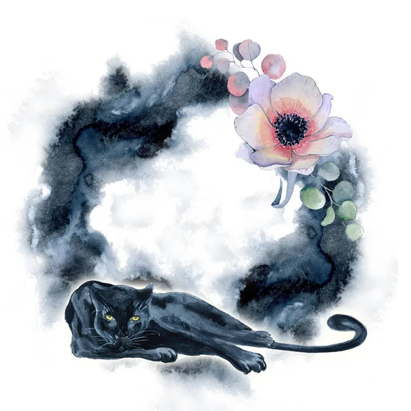 Акварельная композиция с черной увядшей пантерой и цветами в черной рукопашной вспышке — стоковое фото