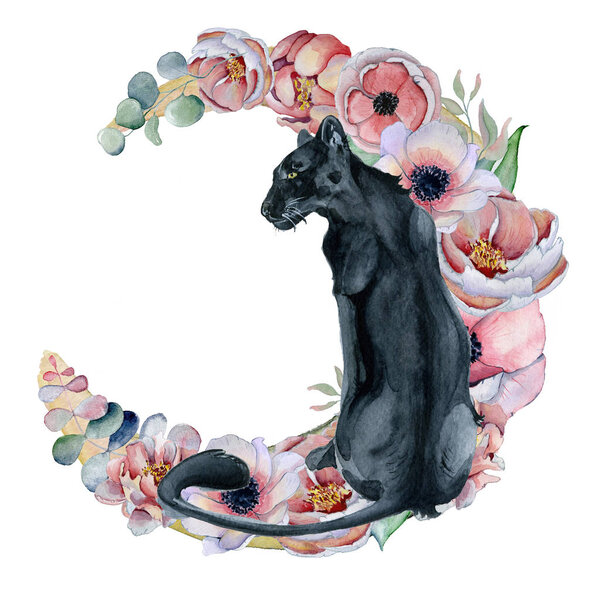 Watercolor composition with black wiled panther and flowers peonies , anemone in a shape of moon 
