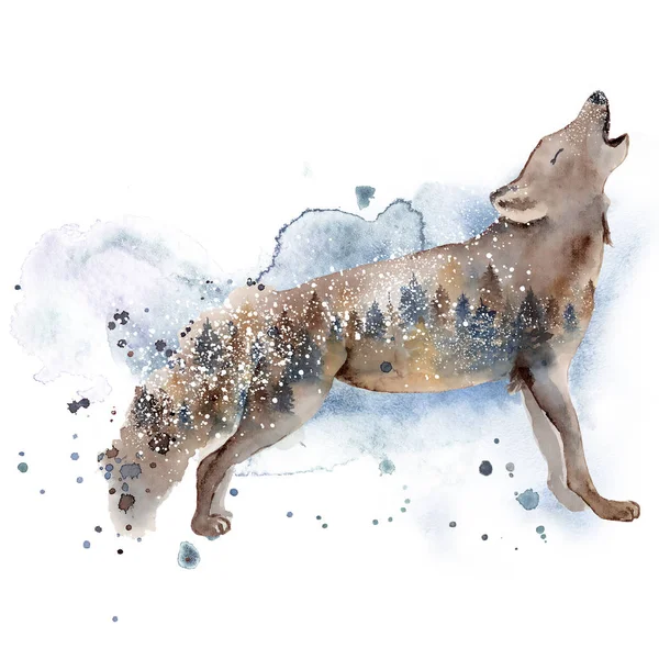 Aquarel wolf illustratie wild bos dier met dubbele blootstelling effect — Stockfoto