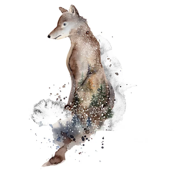 Acuarela lobo ilustración salvaje bosque animal con doble efecto de exposición — Foto de Stock