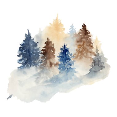 Beyaz arkaplanda izole edilmiş suluboya çam ağaçları