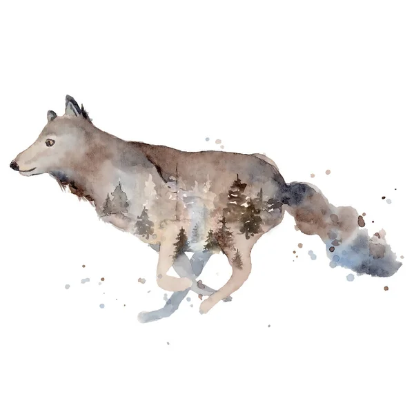 Aquarell Wolf Illustration wildes Waldtier mit Doppelbelichtungseffekt — Stockfoto