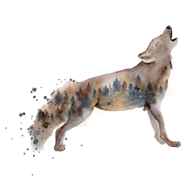 Aquarell Wolf Illustration wildes Waldtier mit Doppelbelichtungseffekt — Stockfoto