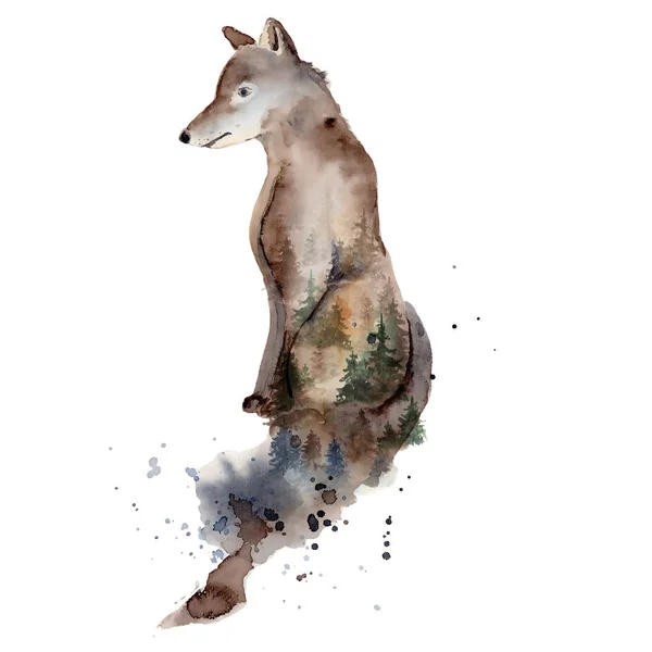 Aquarel wolf illustratie wild bos dier met dubbele blootstelling effect — Stockfoto